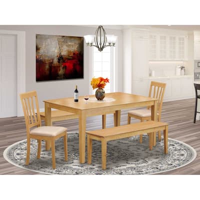 HomeStock 5-Piece Rectangle Natural Oak Finish Solid Wood Top Dining Table with 2 Benches, 2 Chairs with Lattice Back