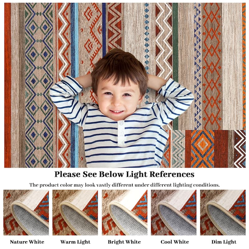 Area Rug Washable Living Room Rugs Vintage Geometric Area Rug Soft Low Pile Non-Slip Area Rug