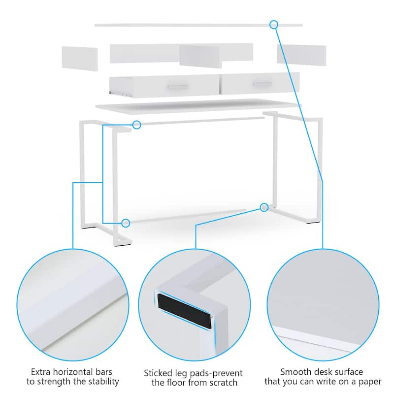 40 Inches Computer Desk White and Gold Desk with 2 Drawers