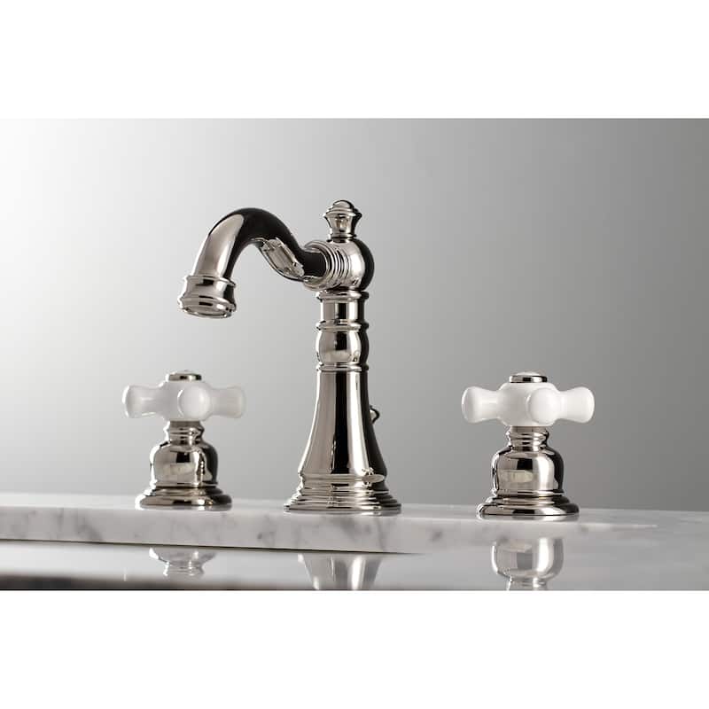 Kingston Brass American Classic Two-Handle 3-Hole Deck Mount Widespread Bathroom Faucet with Pop-Up Drain