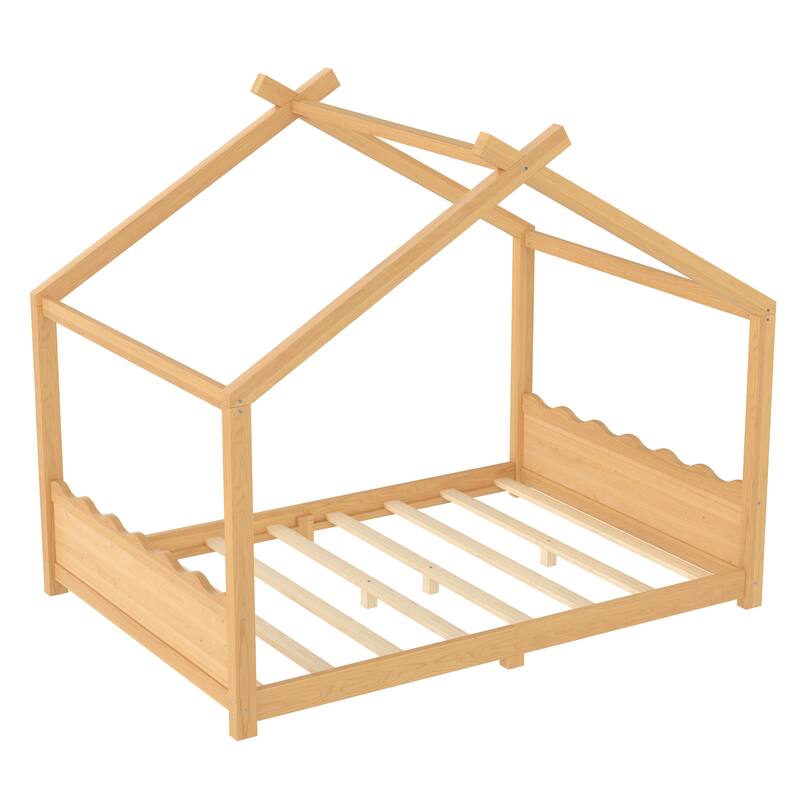 Full House Floor Bed with Support Slats, Solid Wood House Bed Frame for Kids, No Box Spring Needed