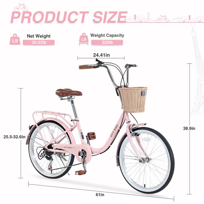7 Speed Comfort City Bike, 22 Inch Road Cycling Bicycle with Leather Saddle and Basket, Steel Frame for Kids and Teens
