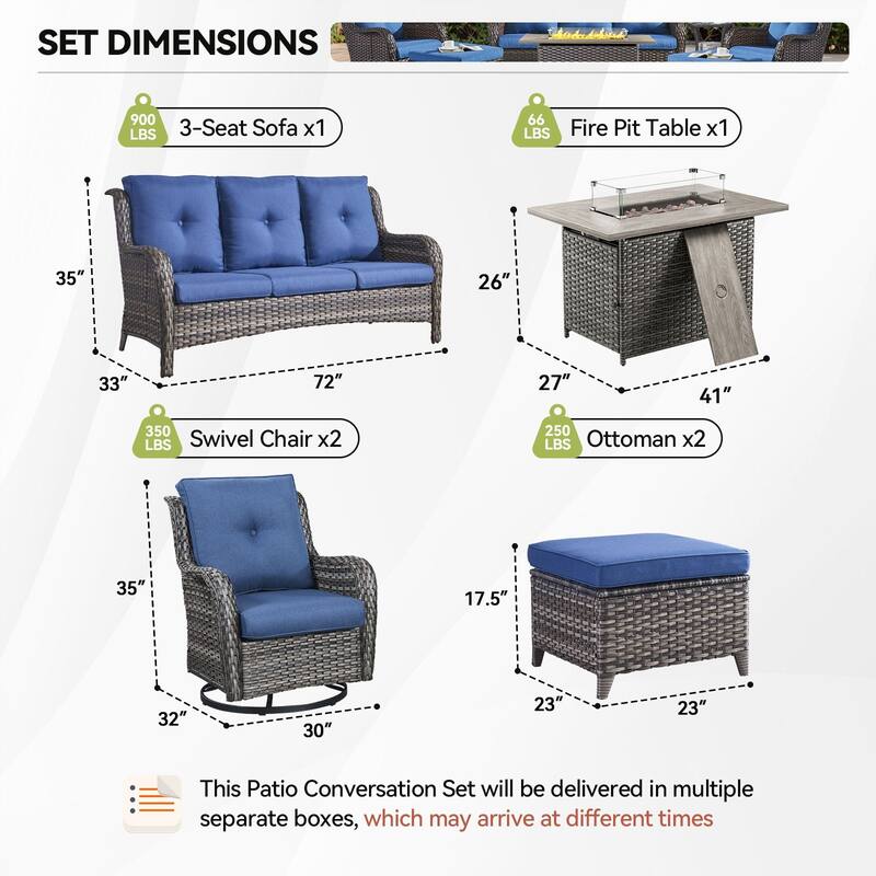 Gymojoy 6-Piece Outdoor Furniture Sofa Set with 2 Swivel Chairs, 2 Ottomans & 55K BTU Fire Pit Table