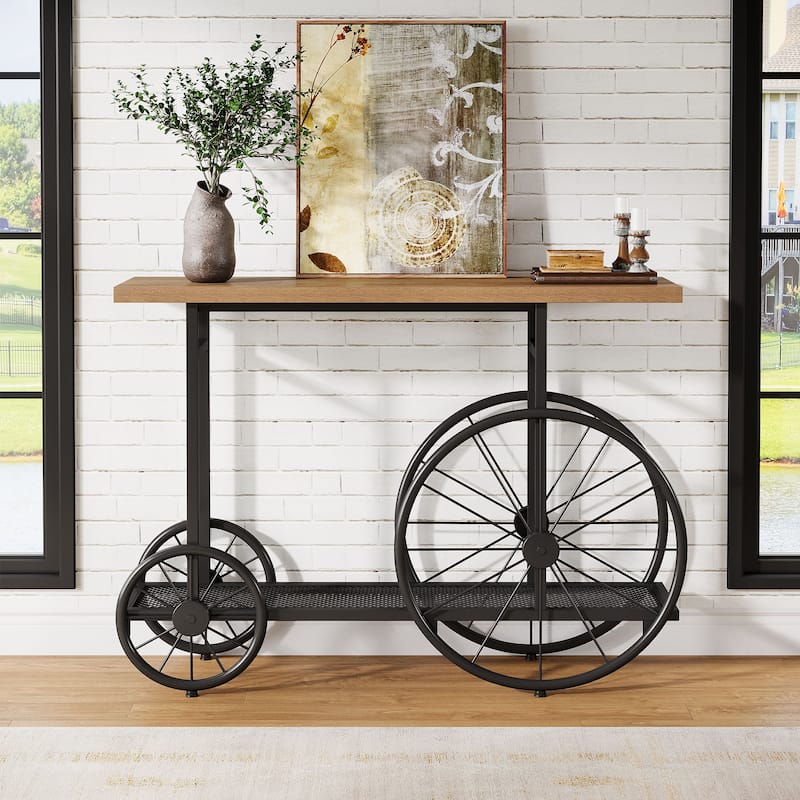 Industrial 47" Entryway Console Table with Shopping Cart Base - Brown+Black