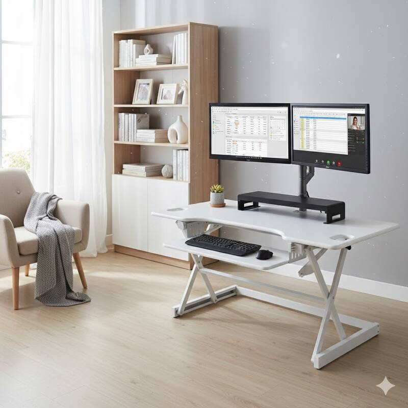 Rocelco 46 in. W White Height Adjustable Standing Desk Converter with Double Monitor Mount Stand and Deep Keyboard Tray
