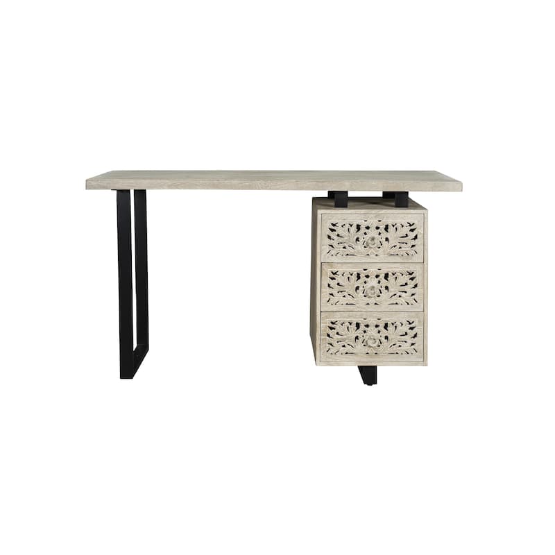 Floral Carved Solid Wood Desk with 3 Drawers - White