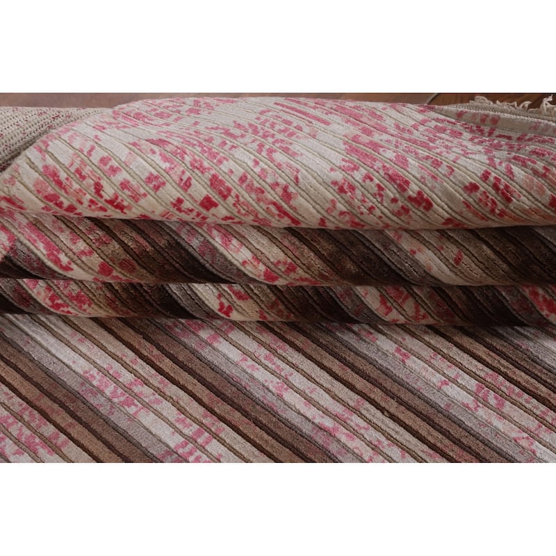 Striped Pink Abstract Area Rug Hand-Knotted Modern Wool Carpet - 6'6"x 9'0"