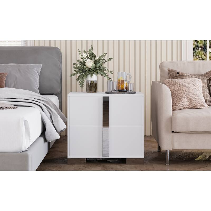 Modern End Table with Drawers, Elegant Nightstand with Metal Foot,Wood Bedside Table with Mirrored Metal Handles