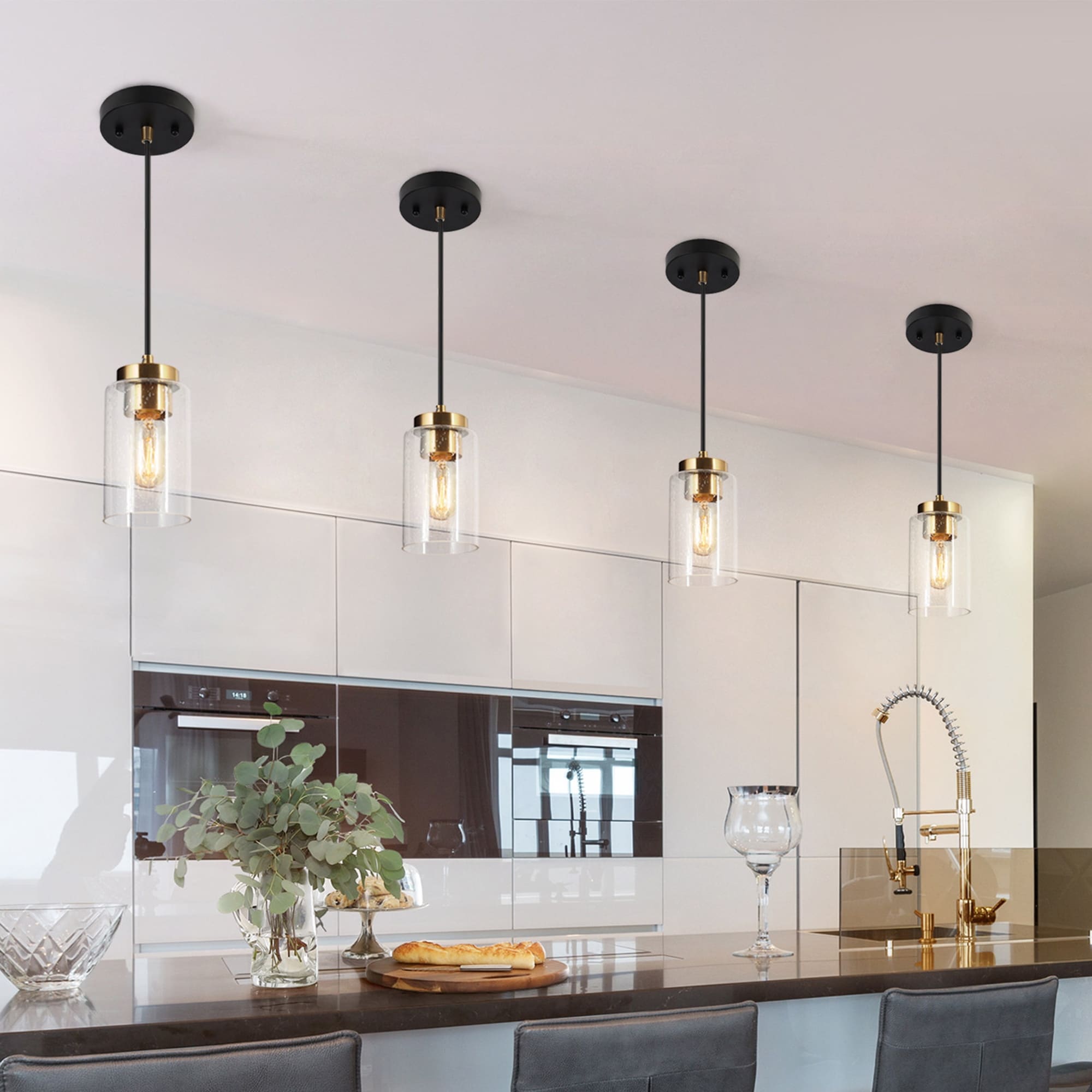 Modern Farmhouse 1-Light Black Gold Dimmable Kitchen Island Lights Cylinder Seeded Glass Pendant Lights for Dining Room