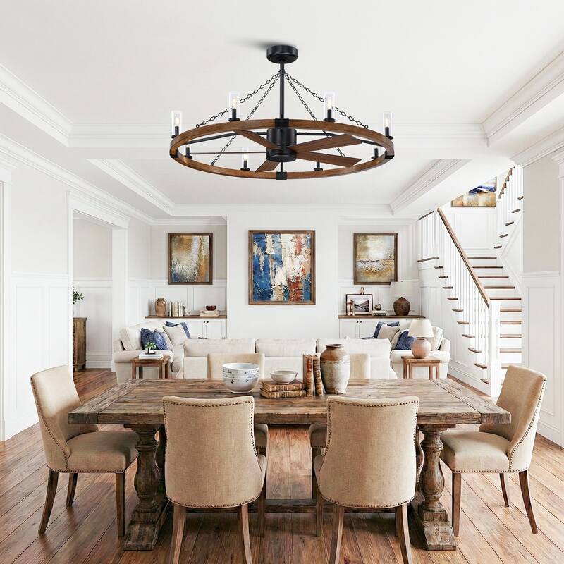 52" Farmhouse Black Wagon Wheel Caged Ceiling Fan Chandelier with Light and Remote