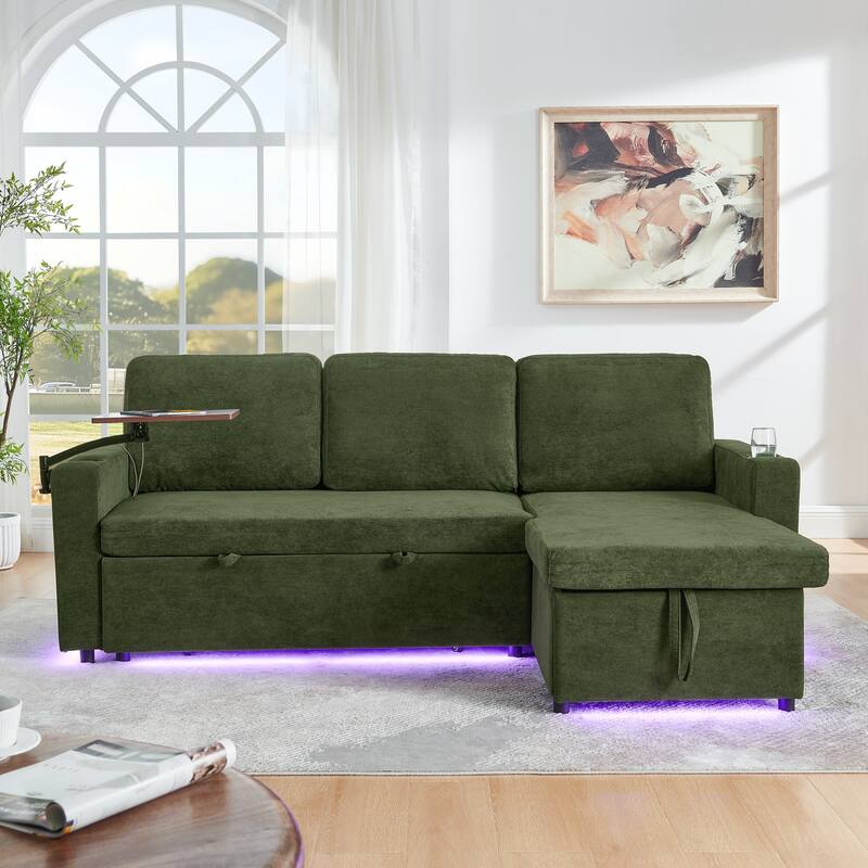 Modern Chenille Multi-functional Pull-Out Bed Sofa with Retractable Table and LED Lighting