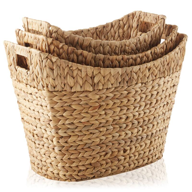 Set of 3 Water Hyacinth Oval Baskets Natural Woven Laundry Totes - Oval Shaped Baskets