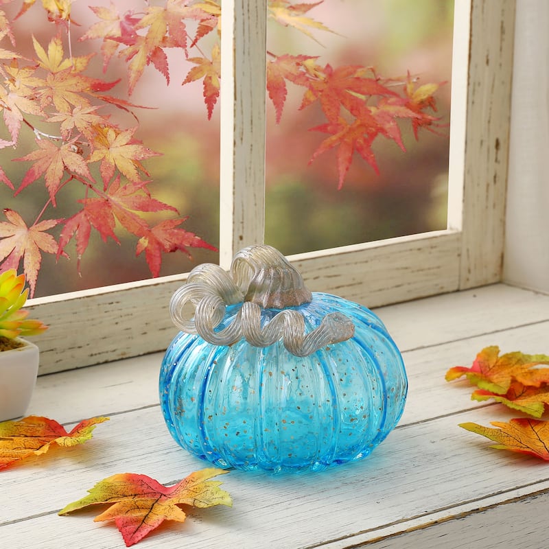Glitzhome Fall Hand Blown Blue Glass Pumpkin Thanksgiving Table Decor