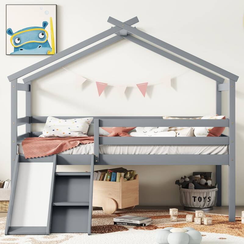 Twin Loft Bed with Slide, Ladder, Safety Guardrails, and House Roof Frame in Grey