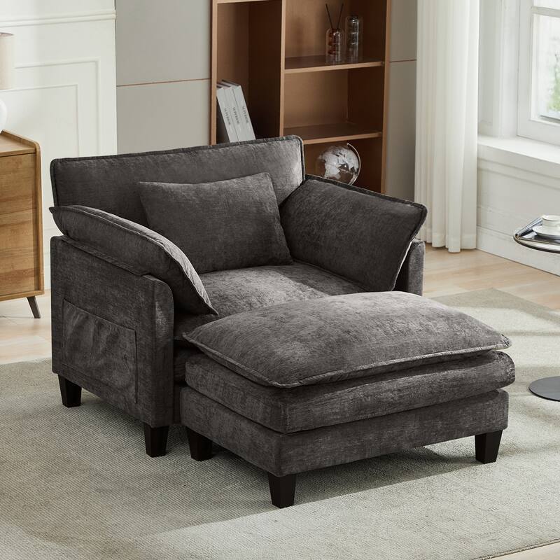 Oversized Single Sofa Chair with Ottoman, Double-Layer Seat Cushion, Chenille Fabric Lounge Chair, Living Room Reading Chair - Grey