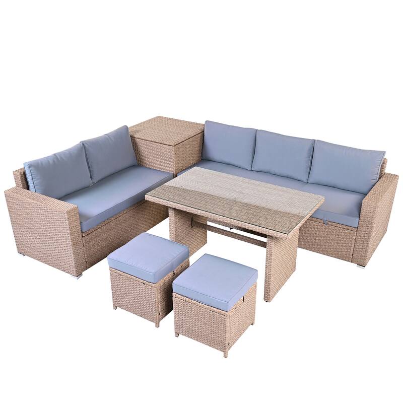 Outdoor 6-Piece Rattan Modular Sectional Sofa Set with Storage & Dining Table