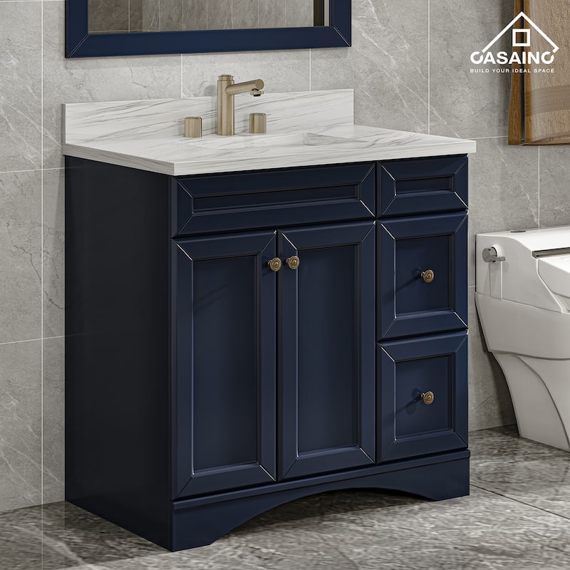 36 in. W x 22 in. D x 35.4 in. H Bath Vanity in Gray with Navy Blue Top and Basin