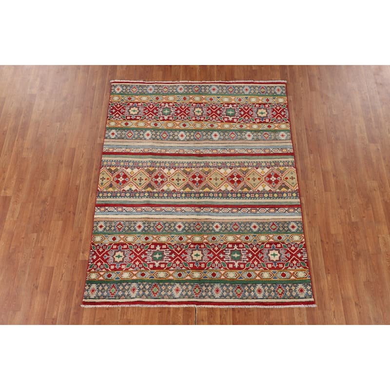 Kazak Oriental Area Rug Handmade Multi-Color Wool Carpet - 5'3" x 6'6"