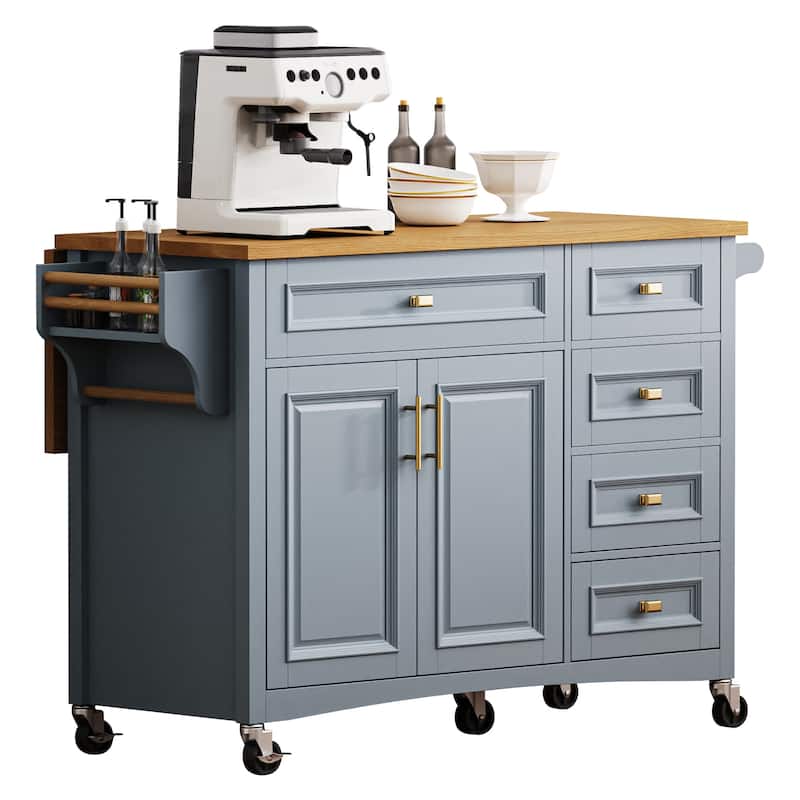 52" Rolling Kitchen Island Cart, Embossed Texture Kitchen Island on Wheels, Kitchen Storage Cart with Drop Leaf