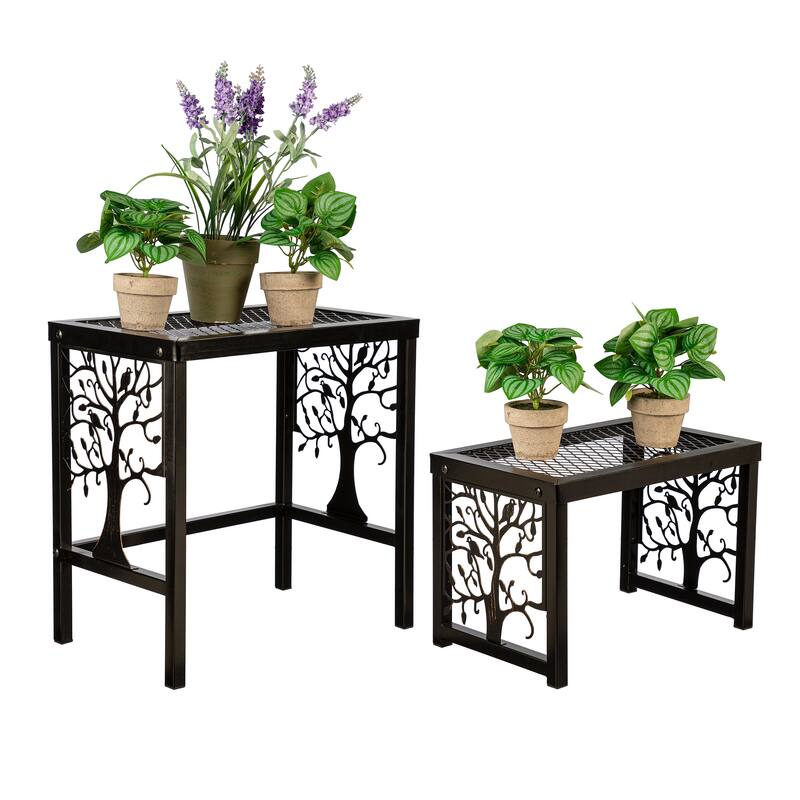 12" Decorative Metal Plant Stand, Set of 2 - Tree of Life