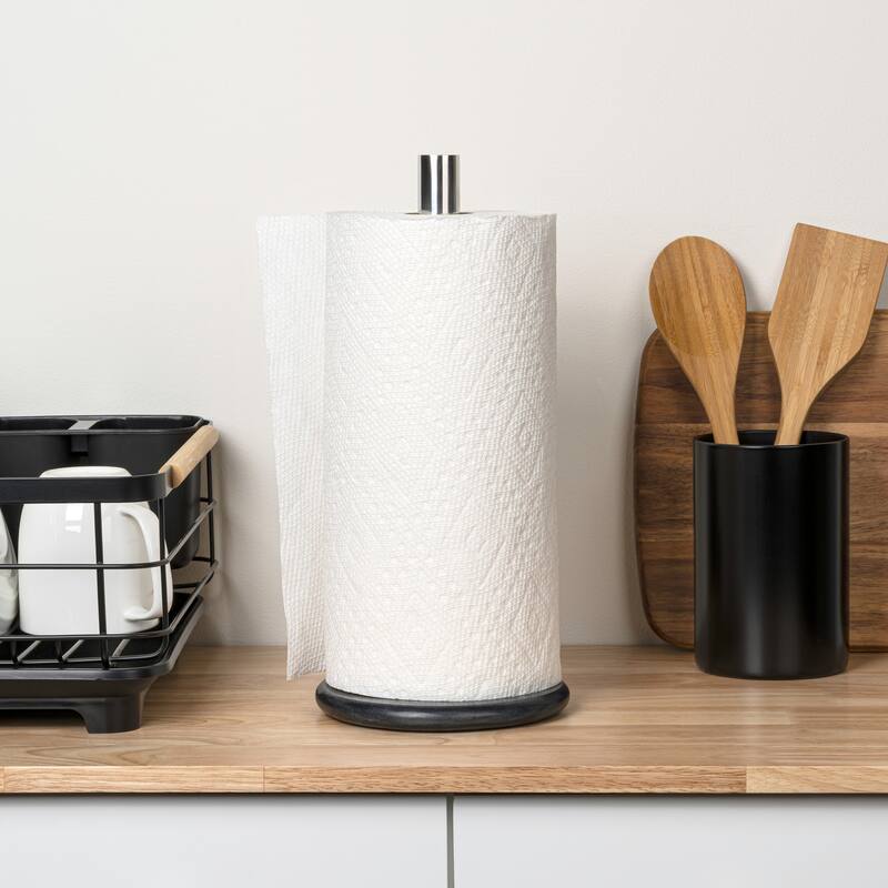 happimess, Avery Metal with Non Slip Weighted Marble Base Paper Towel Holder - Chrome/Black Marble