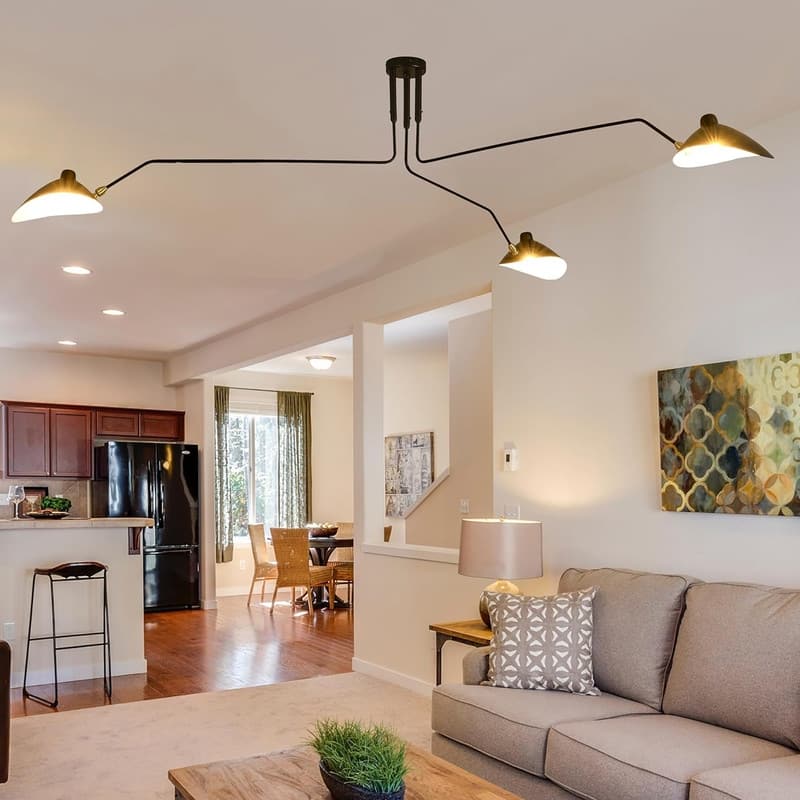 Mid-Century Chandelier, Matt Black Finish with Adjustable 3-Arms Large Pendant Lighting Fixture - 43.3
