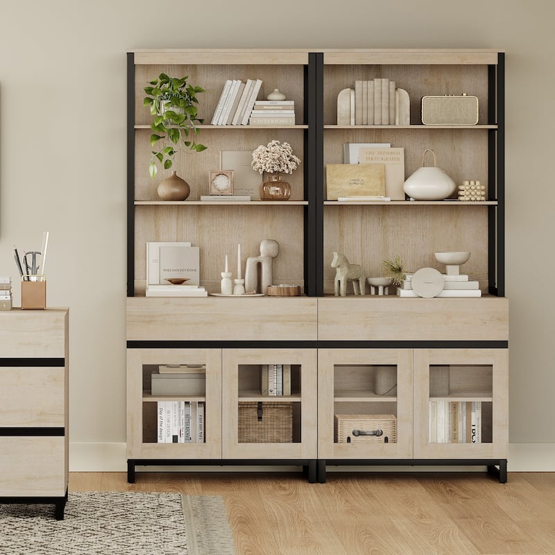 2 PCS Modern 72" Tall Buffet Cabinet with 2 Drawers and Open Shelves, Storage Cabinet for Dining Room or Kitchen