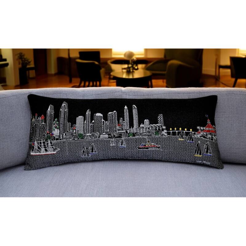 HomeRoots 35" Black San Diego Nighttime Skyline Lumbar Decorative Pillow - Bed Rest - Polyester