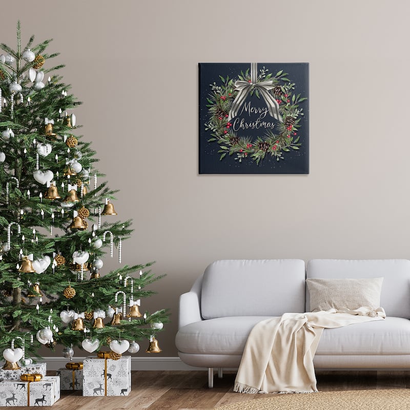 Stupell Hanging Christmas Wreath with Bow Canvas Wall Art Design By Elizabeth Tyndall