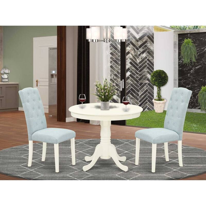 3-Piece Linen White Finish Solid Wood Top - Round Dining Room Set - Seats 4