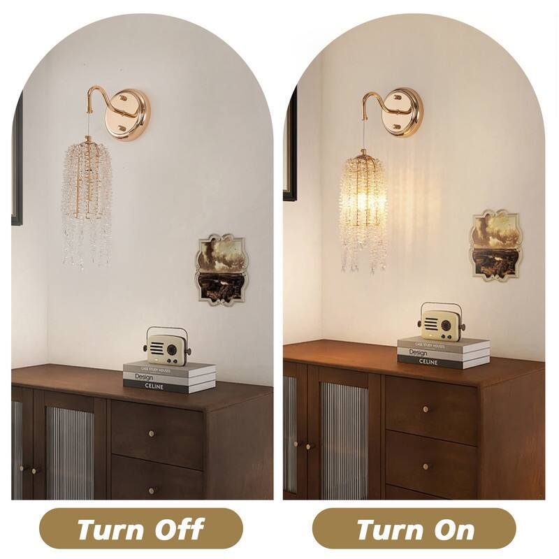 Set of 2 Gold Wall Sconces with Crystal Bead Strings Elegant Hanging Light Fixtures, E12 Socket (Bulbs Not Included)