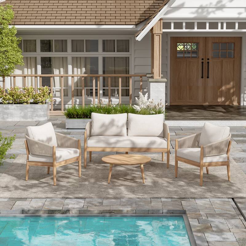 Roomfitters Outdoor Chat Set 4 Piece Acacia Wood Rope Woven Seating Cushioned