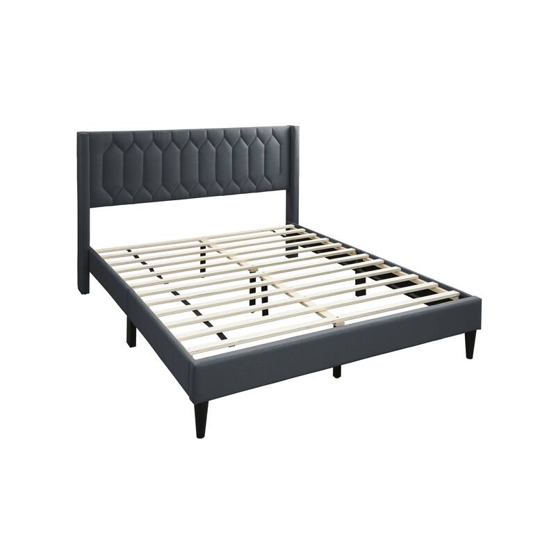 Modern Queen Size Platform Bed with Diamond Design Headboard, Charcoal Burlap Upholstered Bed Frame, Bedroom Furniture