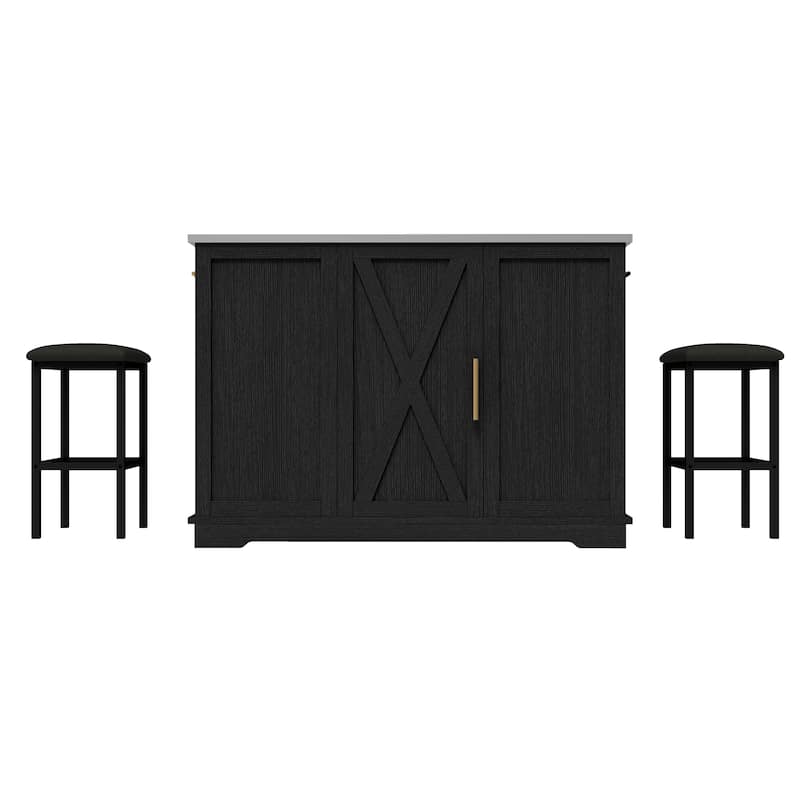 Moasis Rolling Kitchen Island with Trash Can Storage Cabinet and 2 Bar Stools