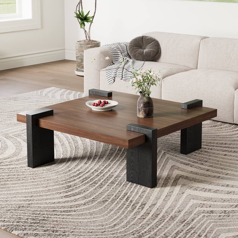 35.43" Mid Century Modern Square Coffee Table, Brown Solid Wood Veneer,4 Black Wood Legs