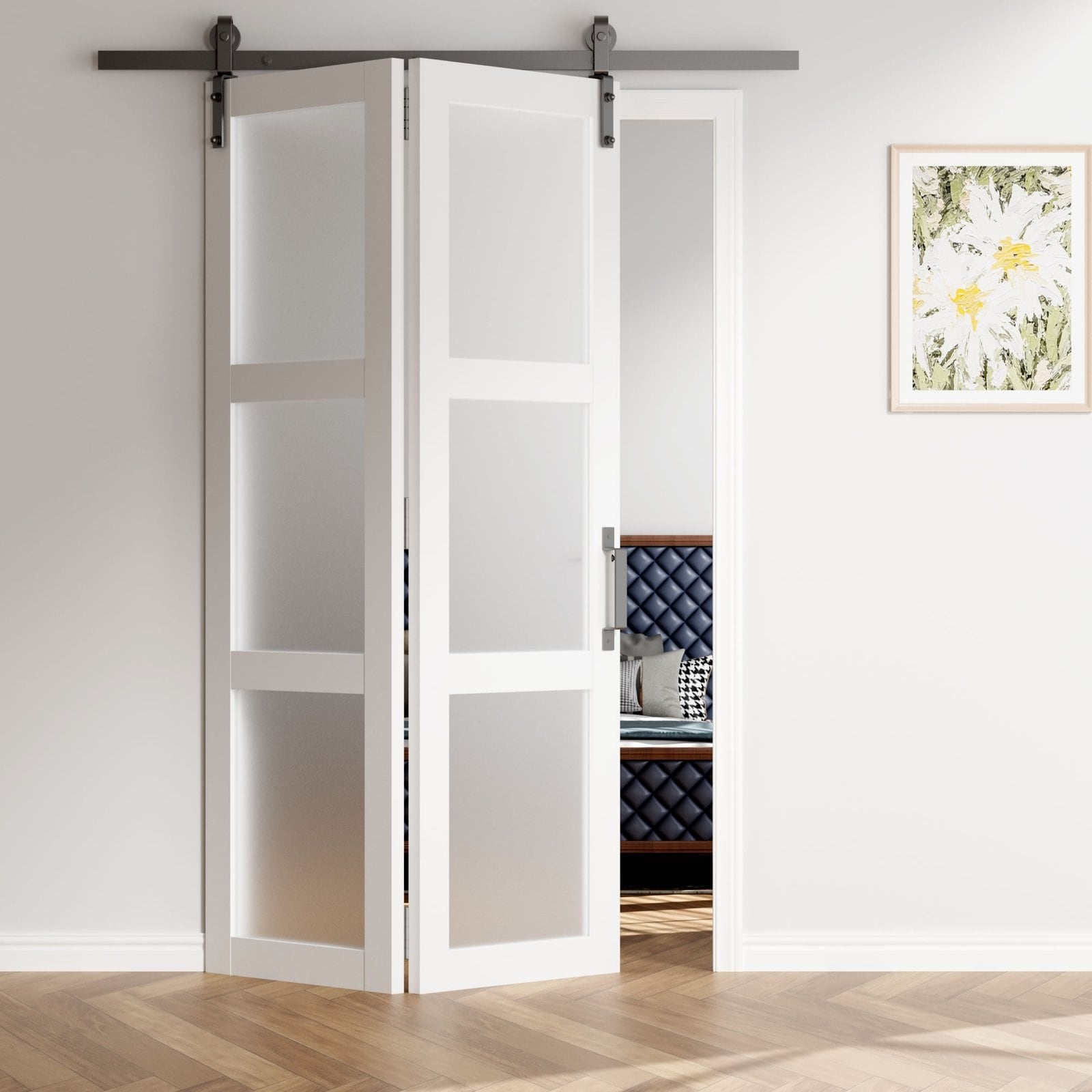 84''H Double Bi Fold 3 Lite Glass Door Primed Finish With Primed Finish Barn Door