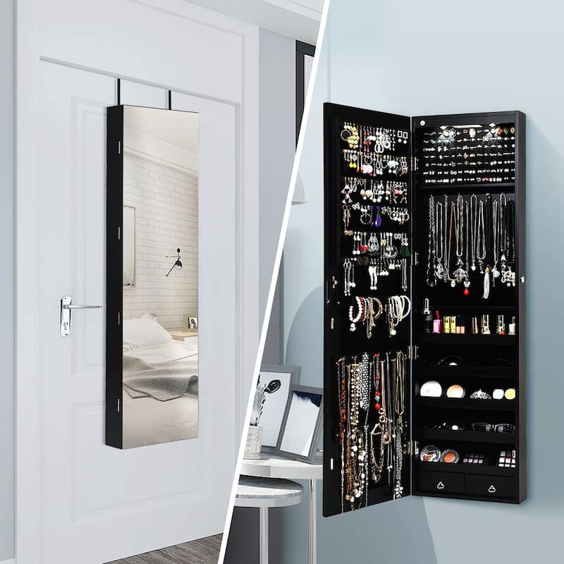 Costway Mirrored Wall & Door Mounted Jewelry Cabinet Storage Organizer - See Details - Black