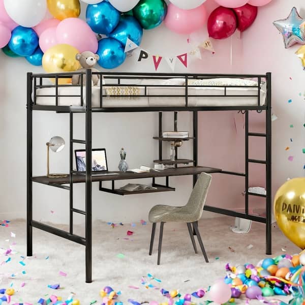 slide 2 of 9, Modern Full Size Loft Bed With Desk And Shelf,Space Saving Design Guard Rails&Double Ladder Black