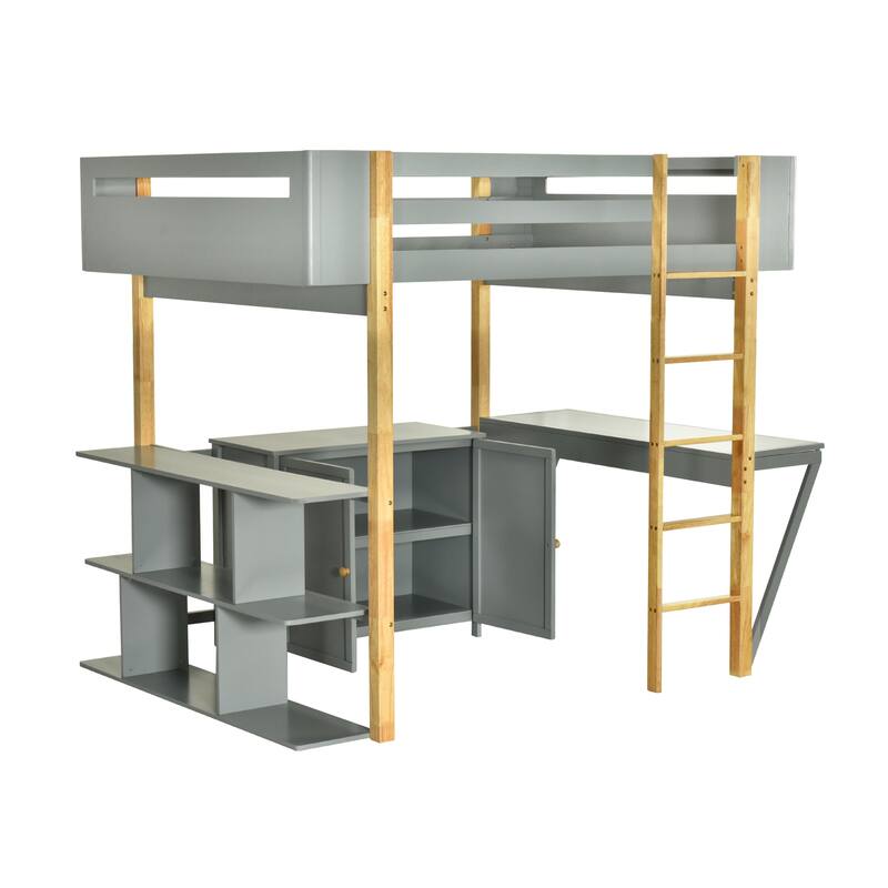 Solid Wood Loft Bed With Built-in Storage Cabinet and Cubes, Foldable desk