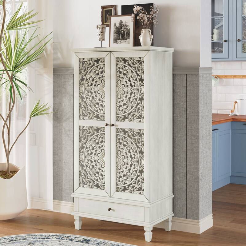 Tall Storage Cabinet with Drawer, Decorative 2-Door Carved Wood Accent Cabinet