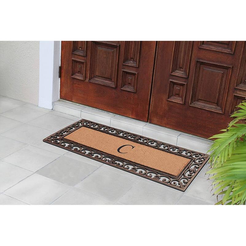 A1HC Rubber and Coir Paisley Border Myla Double Door Monogrammed Doormat Bronze