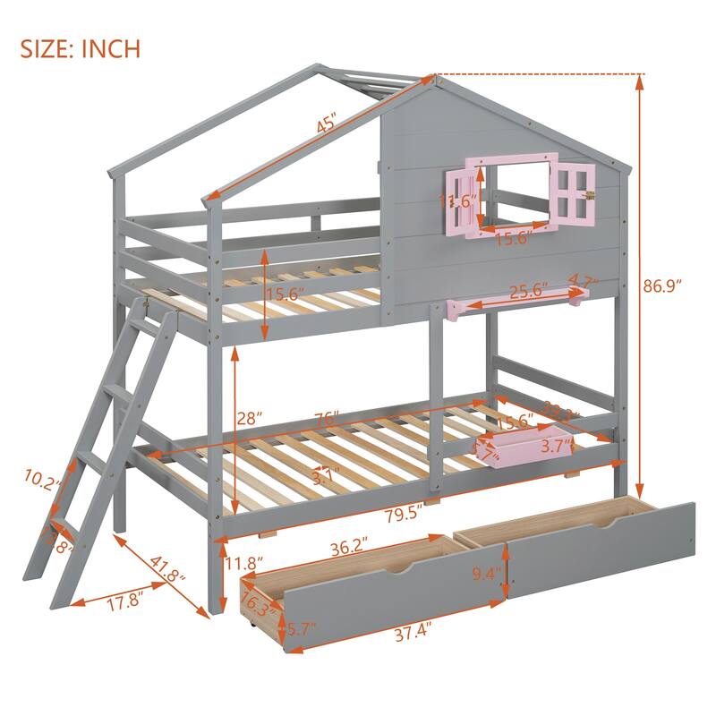 Gray Twin over Twin Solid Wood Bunk Bed with Drawers, Storage Box, and Roof