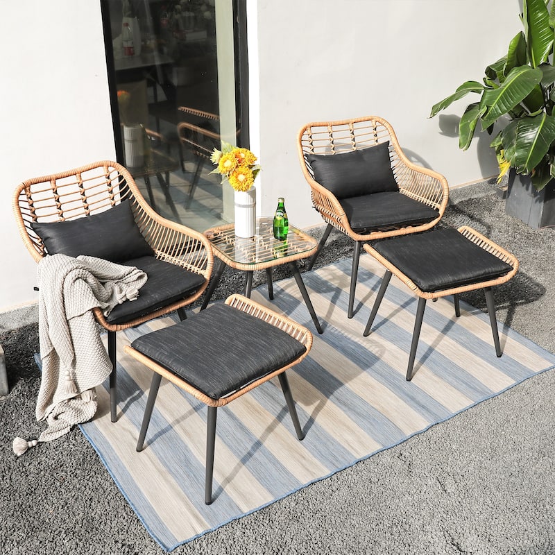 5-Piece Outdoor Wicker Cushioned Conversation Set - BlackSquare