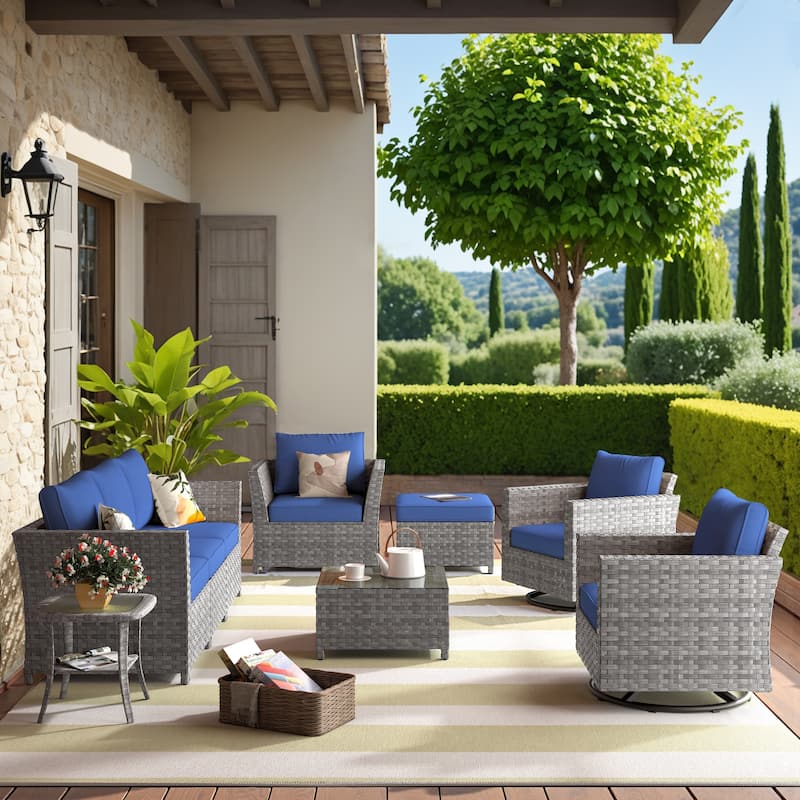 HOOOWOOO 9-piece Handwoven Wicker Patio Sectional Set with Swivel Rocking Chair - Navy Blue