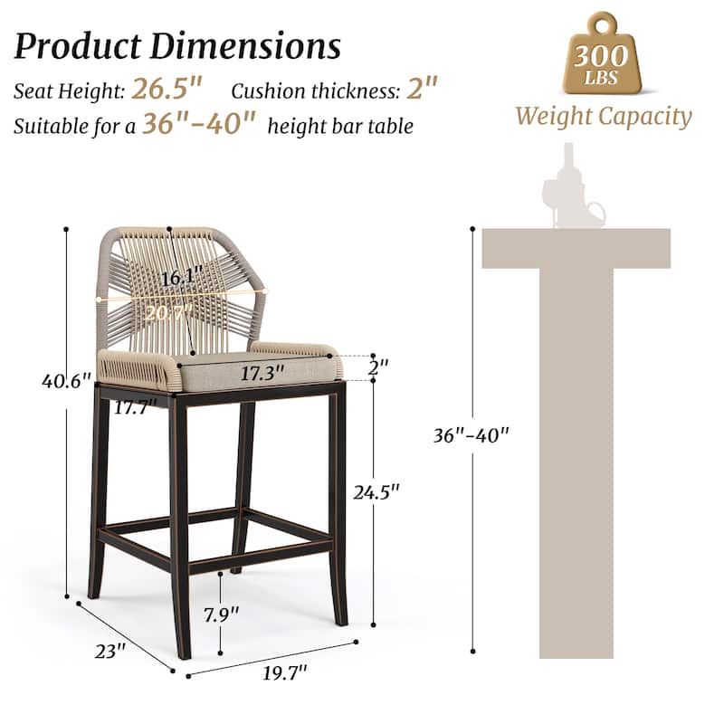4 Set Modern Aluminum Twill Wicker Woven Outdoor Bar Stool Chair Set, Counter Height Stool with Back and Cushion - 40.6"H