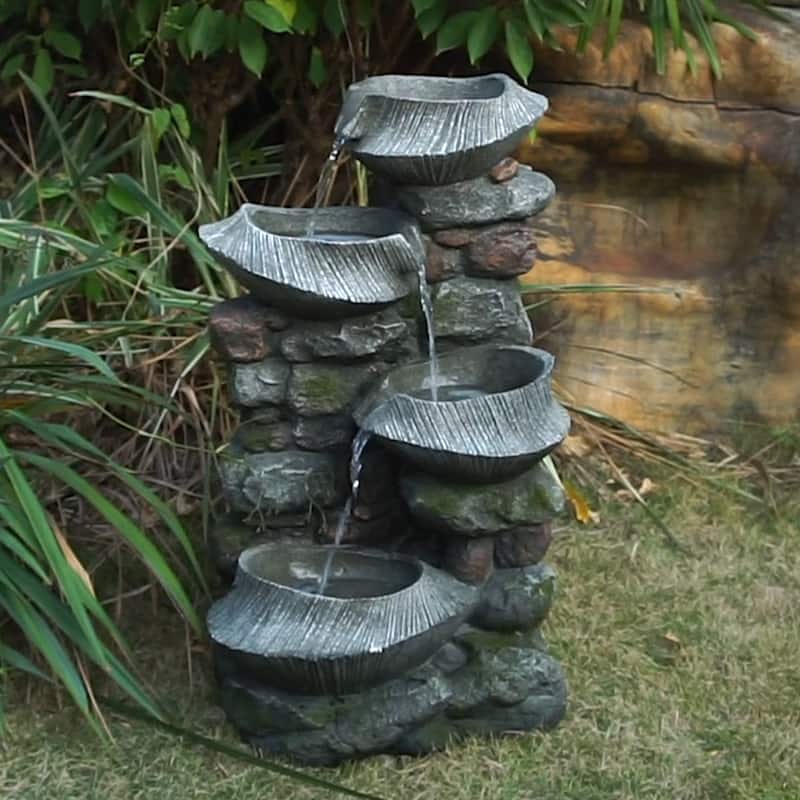 Indoor Outdoor Stone Water Fountain - Grey - Lighted - Polyresin