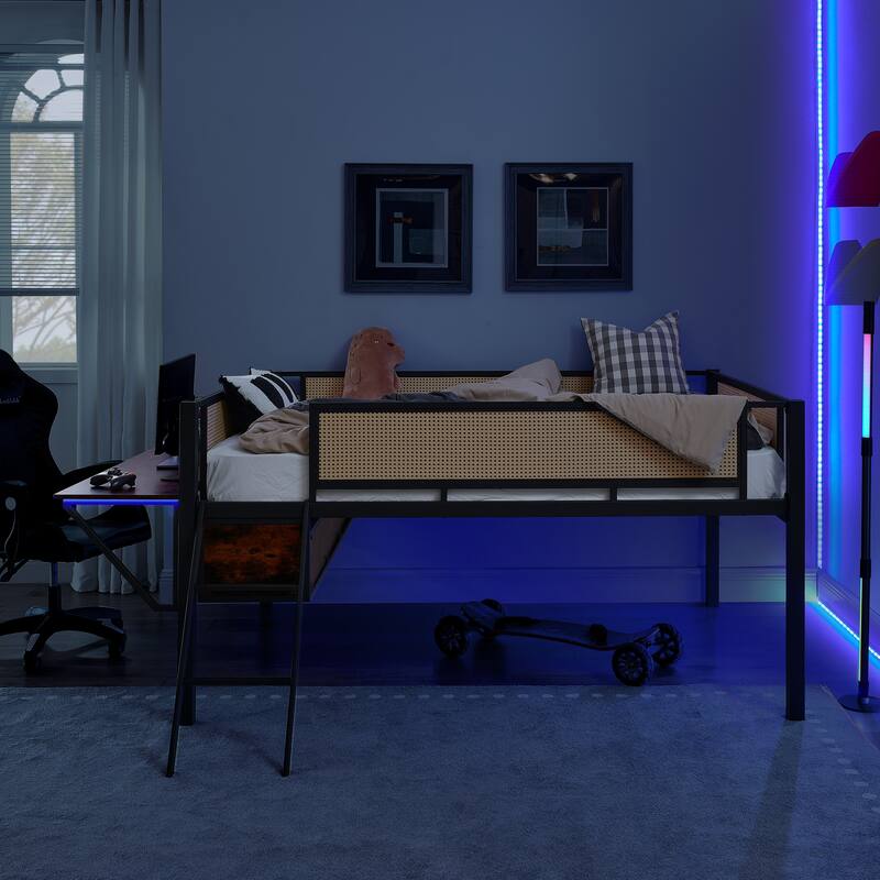 Metal loft Bed With Desk,LED loft Bed Frame Double Bed,Shelves,hanging compartments,safety guard,ladder,no box springs required