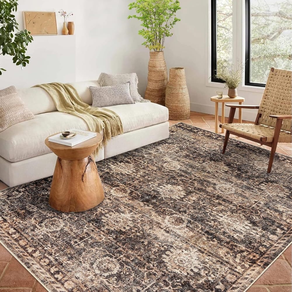 Vintage Boho Washbale Floor Cover Area Rug for Bedroom, Living Room, Brown - 1'6" x 2'6"