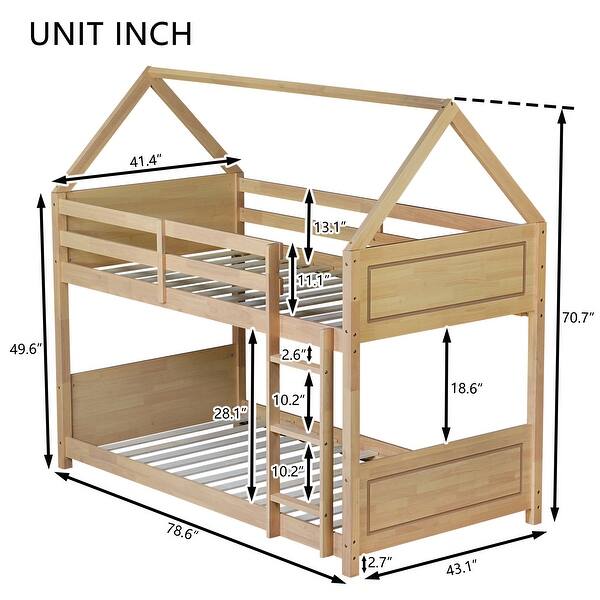 dimension image slide 1 of 3, House-Style Twin Over Twin Bunk Bed with Headboards, Footboards, Guardrails, Ladder, Rubber Wood Construction