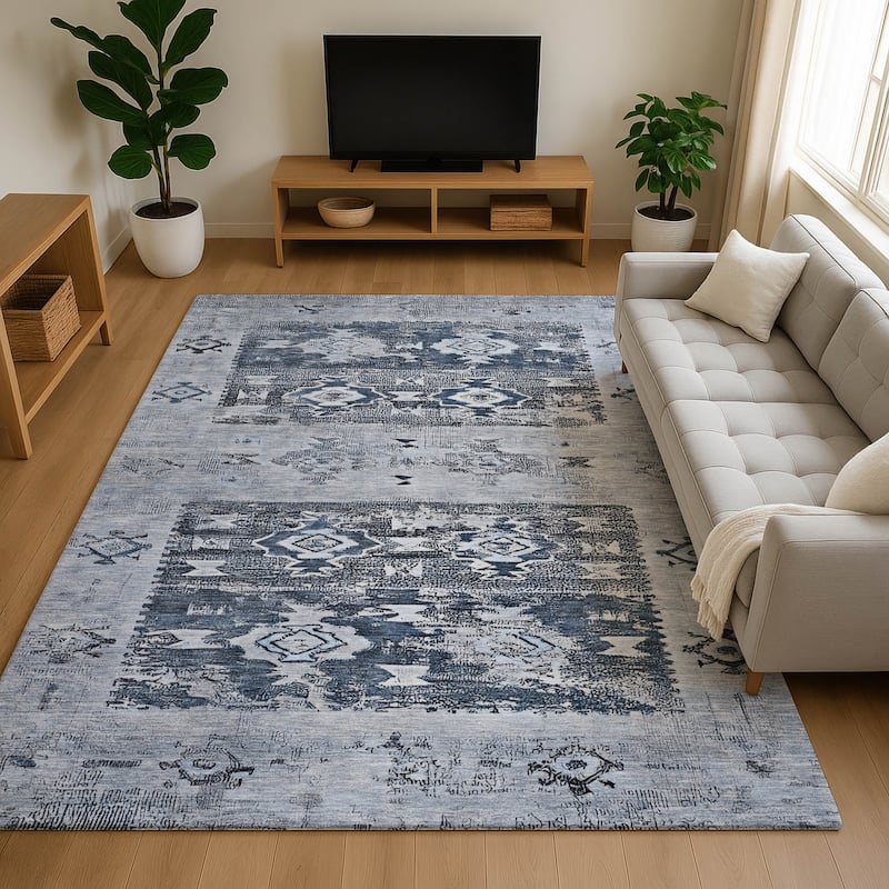 Premium Washable Super Soft Global Icon Mayfield Rug - Blue - 10' x 14'